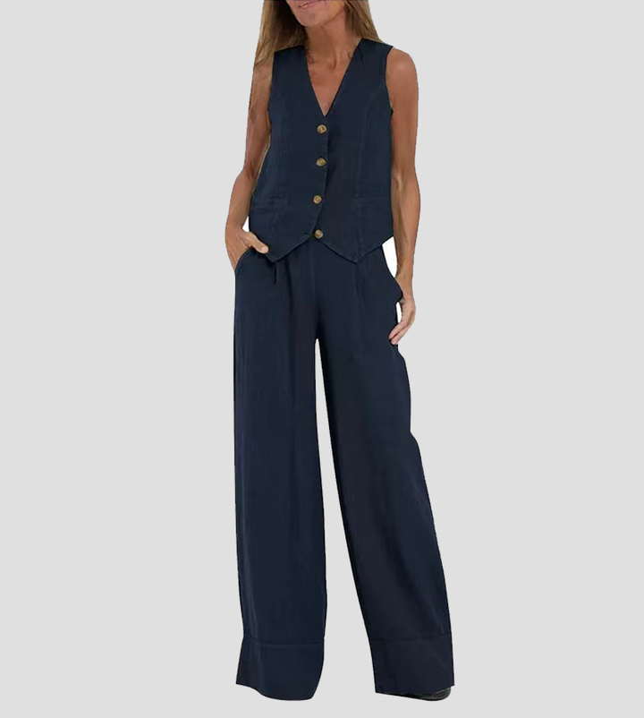 Sleek women's two-piece set: sleeveless V-neck top and wide-leg trousers, ideal for day to evening.