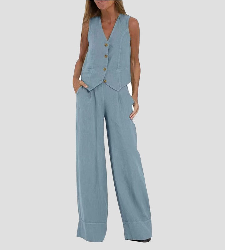 Stylish women's V-neck sleeveless top & wide-leg trousers, a perfect matching set for modern elegance.