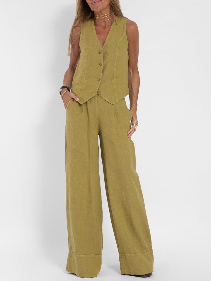Chic women's two-piece set: sleeveless V-neck top and comfortable wide-leg tailored trousers.