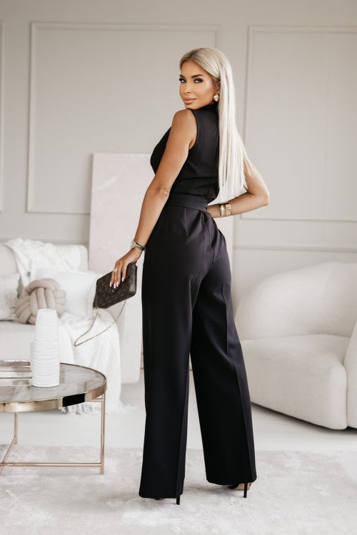 Women's V-neck wide-leg jumpsuit with a stylish belted waist, sleeveless, versatile.