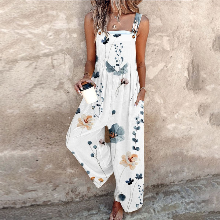 Women's sleeveless wide-leg floral jumpsuit, perfect for summer casual or elegant wear.