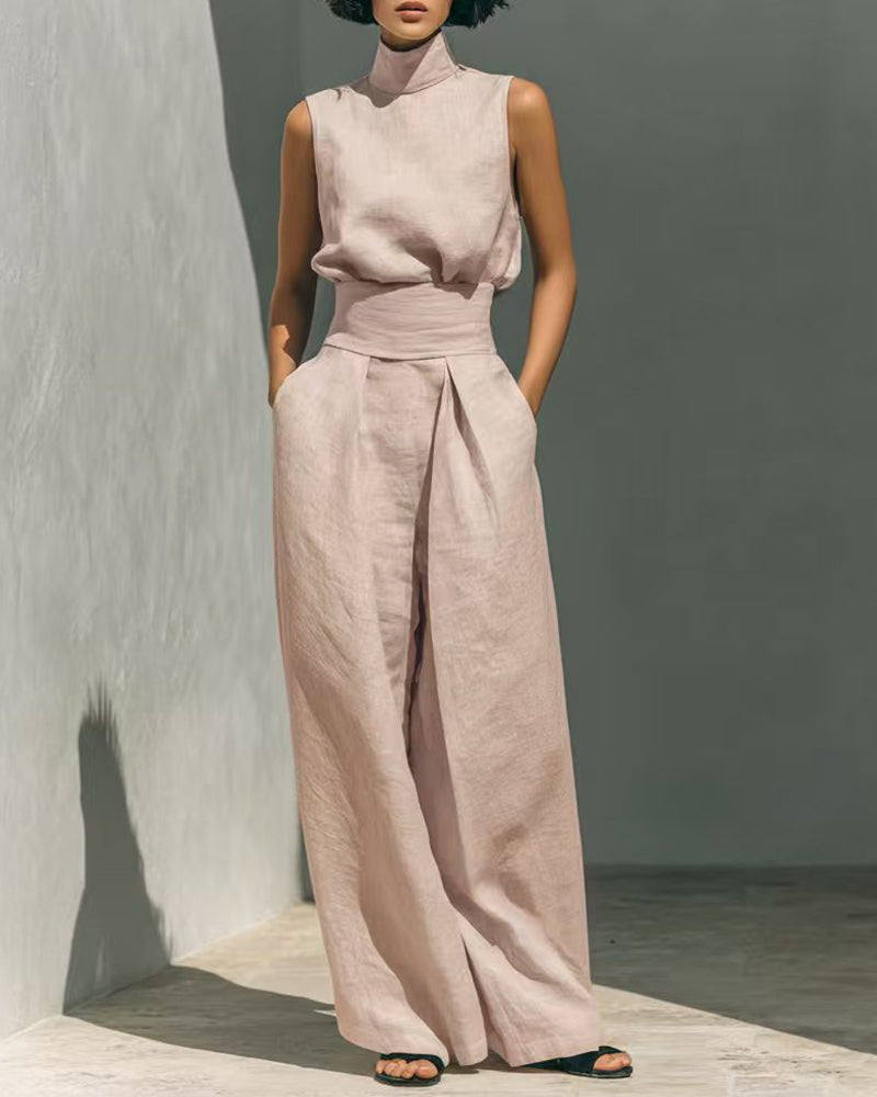 Stylish women's sleeveless jumpsuit with a comfortable wide-leg silhouette, ideal for day-to-night summer fashion.