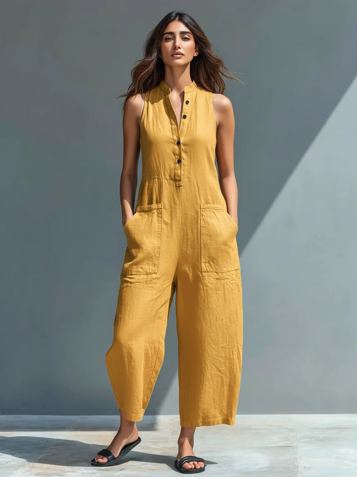 Versatile women's sleeveless wide leg jumpsuit featuring stylish button front, ideal for any occasion.
