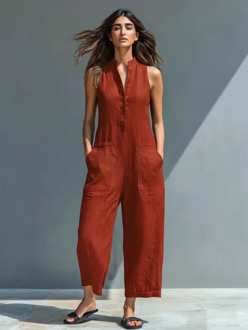 Sleeveless wide leg jumpsuit for women with a flattering button front, offering comfortable fashion.