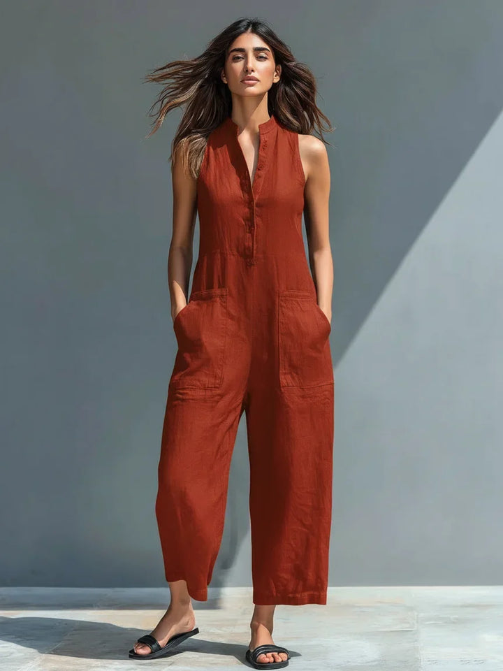 Sleeveless wide leg jumpsuit for women with a flattering button front, offering comfortable fashion.