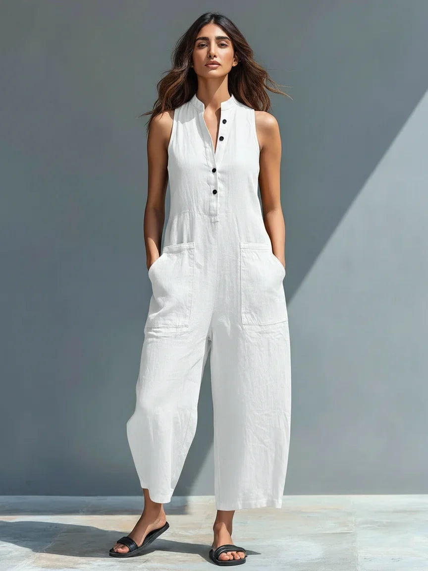 Stylish women's wide leg jumpsuit, sleeveless design with a practical button front closure.