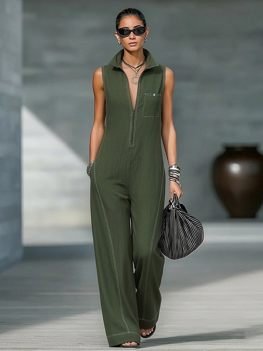 Relaxed fit women's sleeveless wide-leg jumpsuit featuring modern contrast stitching, ideal for comfortable casual wear.
