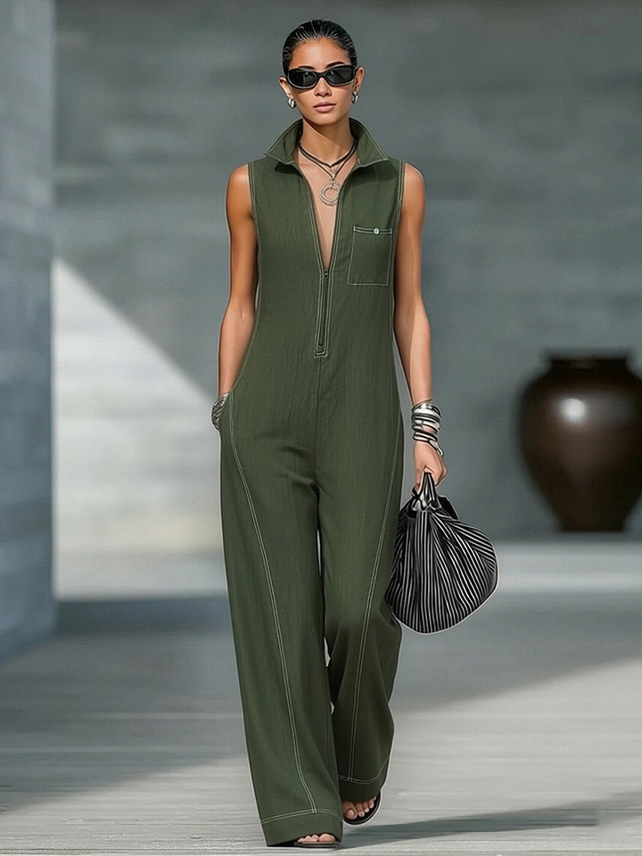 Relaxed fit women's sleeveless wide-leg jumpsuit featuring modern contrast stitching, ideal for comfortable casual wear.