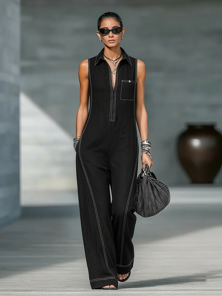 Versatile women's sleeveless wide-leg jumpsuit with contrast stitching, great for stylish casual looks in summer or autumn.