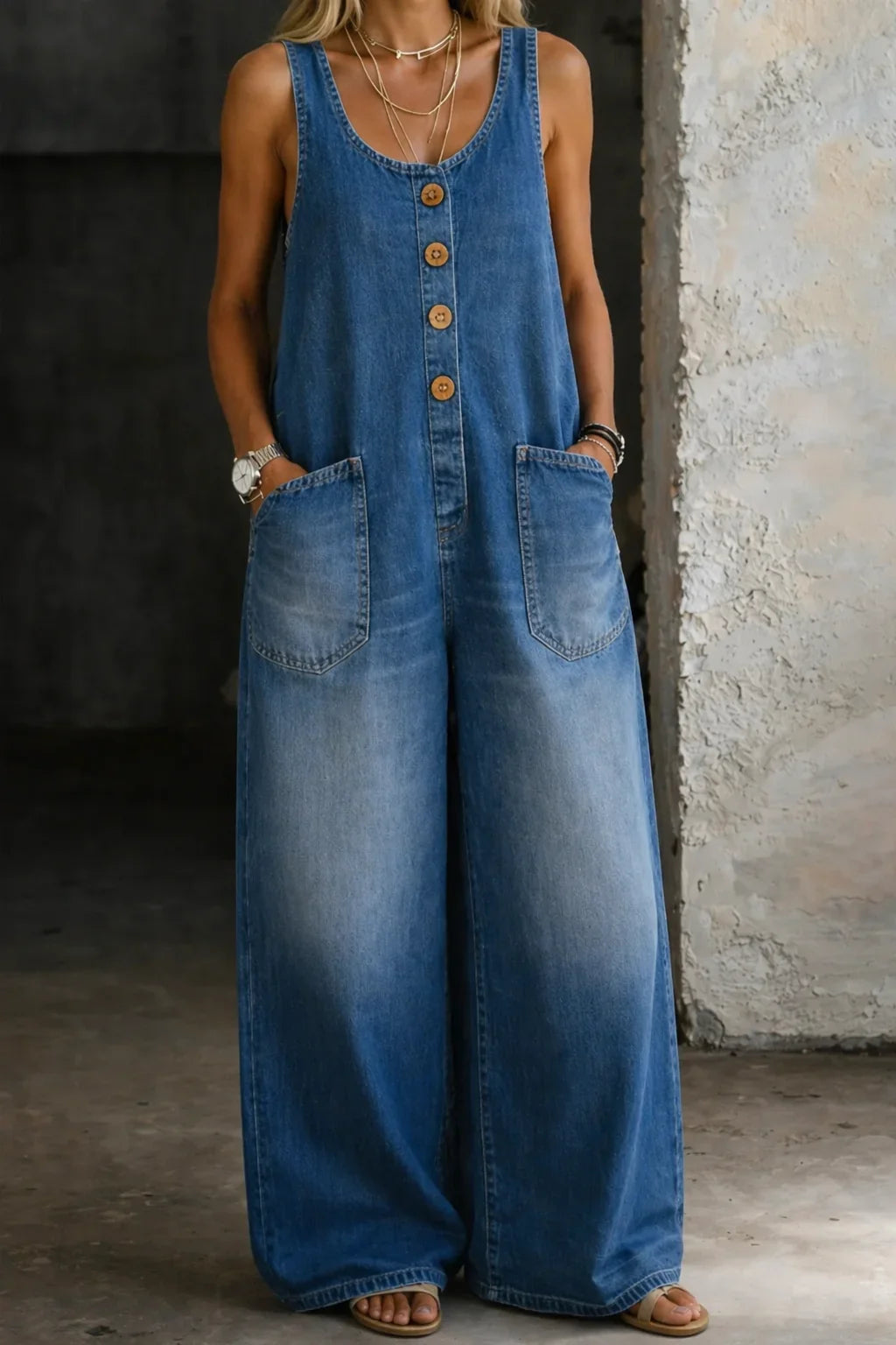 Women's sleeveless wide leg overalls with button front closure. Perfect for casual summer style.