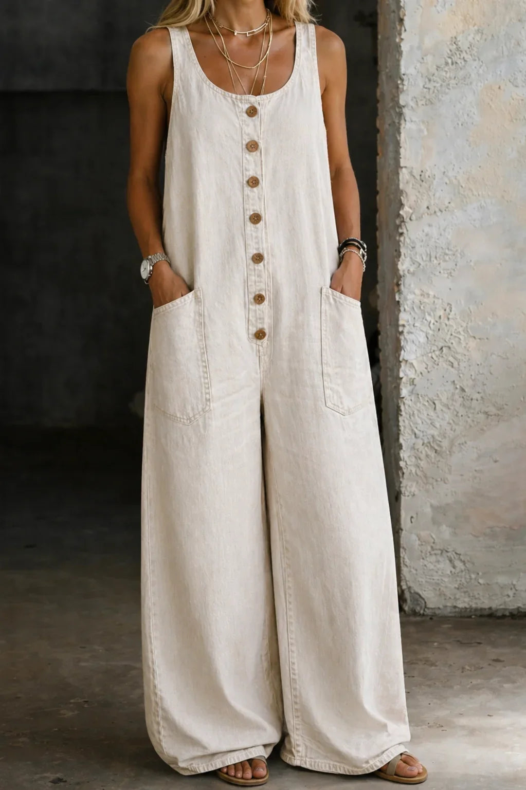 One-piece women's sleeveless jumpsuit with wide legs and button front. Trendy for summer casual clothing.