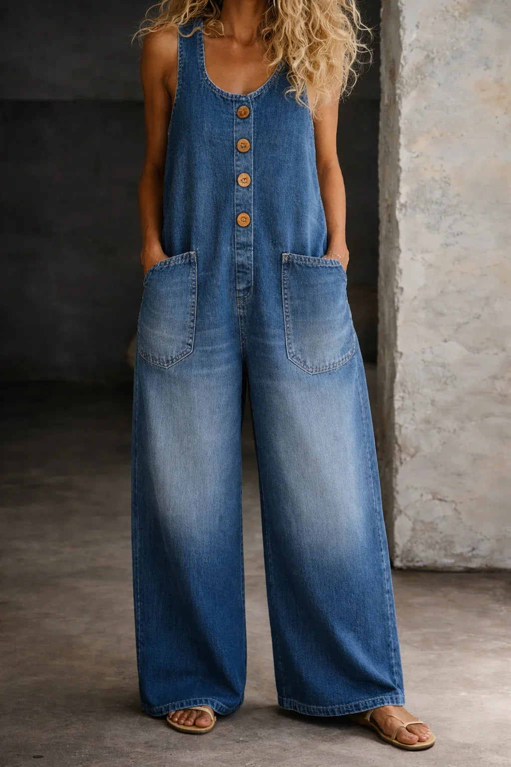 Ladies' trendy sleeveless wide leg jumpsuit, featuring a stylish button front. Ideal for summer comfort.
