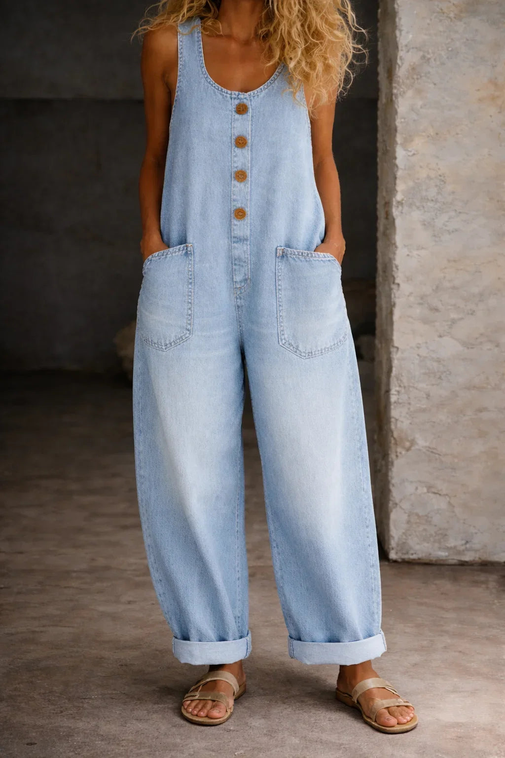 Sleeveless wide leg women's jumpsuit with full button front. A comfortable, casual one-piece summer outfit.
