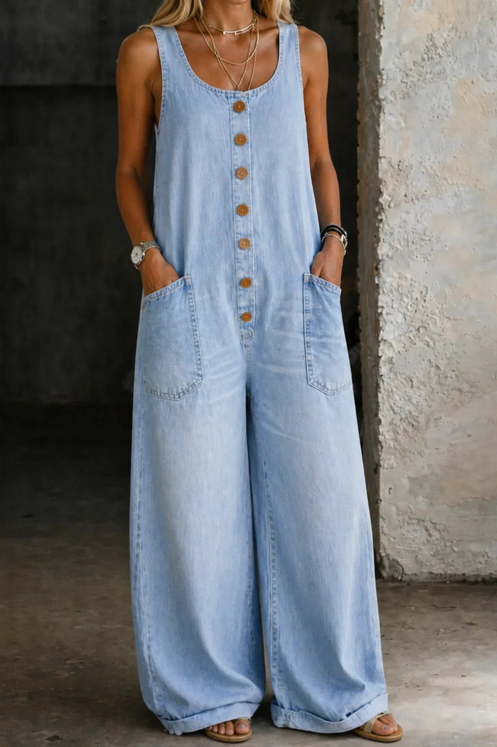 Comfortable sleeveless wide leg women's overalls. Practical button front jumpsuit for casual, relaxed fashion.