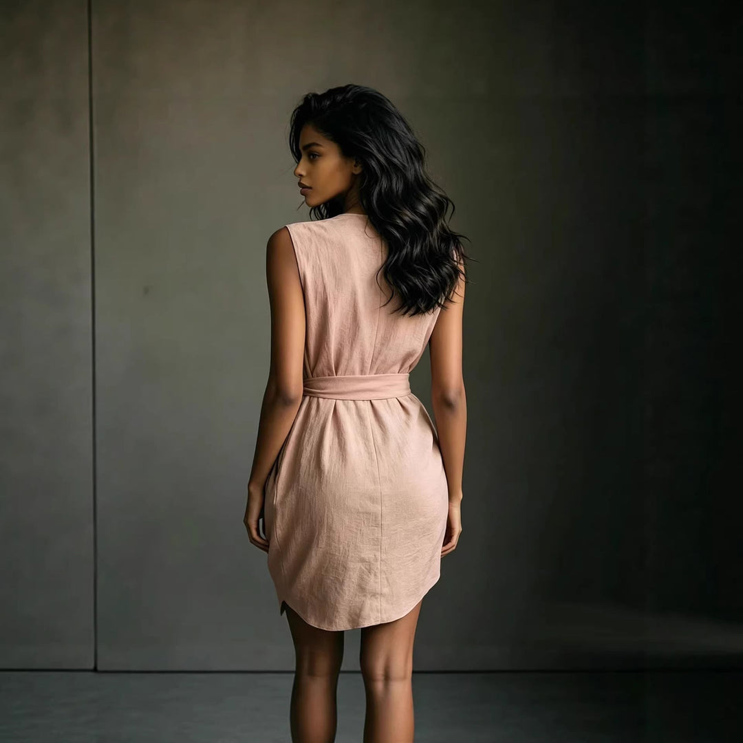 Stylish women's short wrap dress with tie waist, V-neck, and flowy fit. Perfect for elegant summer outings.