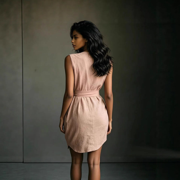Stylish women's short wrap dress with tie waist, V-neck, and flowy fit. Perfect for elegant summer outings.