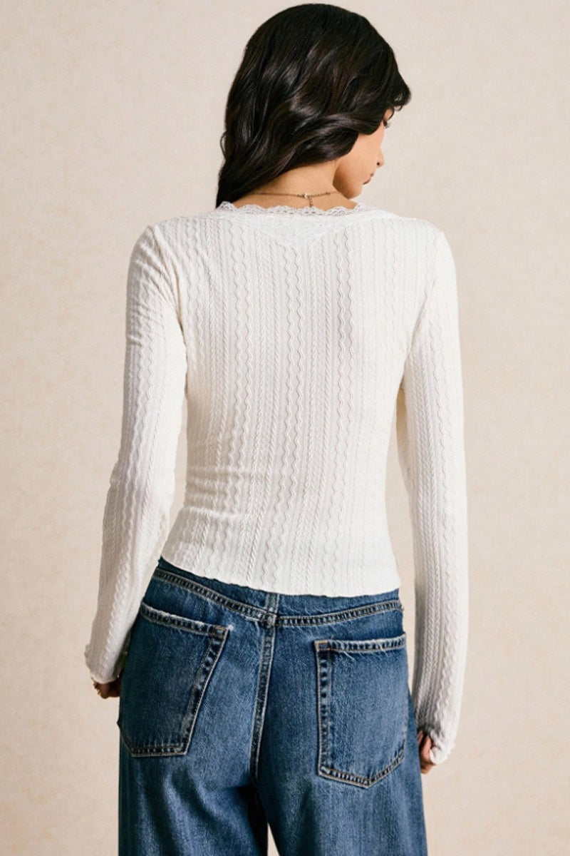 Elegant women's lace V-neck blouse with long sleeves, sophisticated slim fit for evening or office.