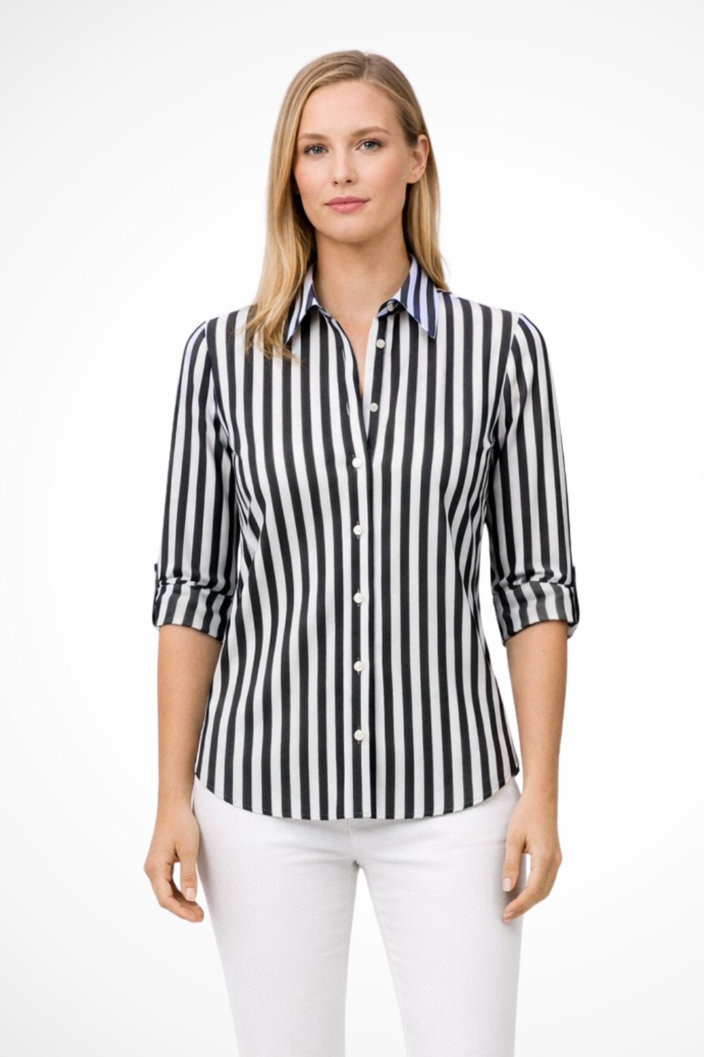 Stylish woman wearing a striped long sleeve blouse, perfect for smart casual outings or everyday fashion.