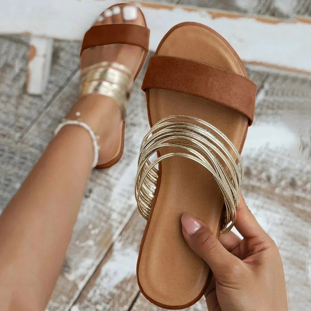 Casual women's slip-on double strap flat sandals, ideal for everyday wear, vacations & warm weather.