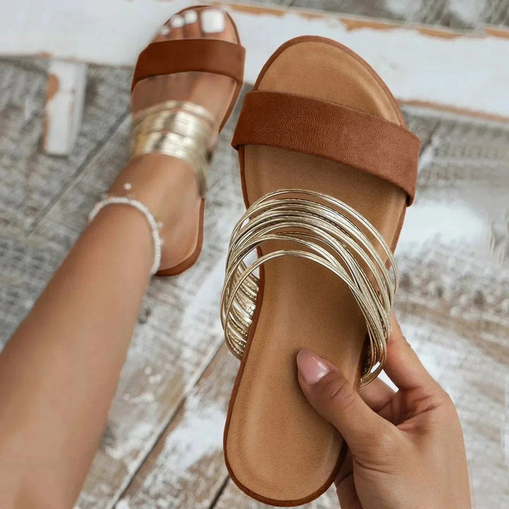 Casual women's slip-on double strap flat sandals, ideal for everyday wear, vacations & warm weather.