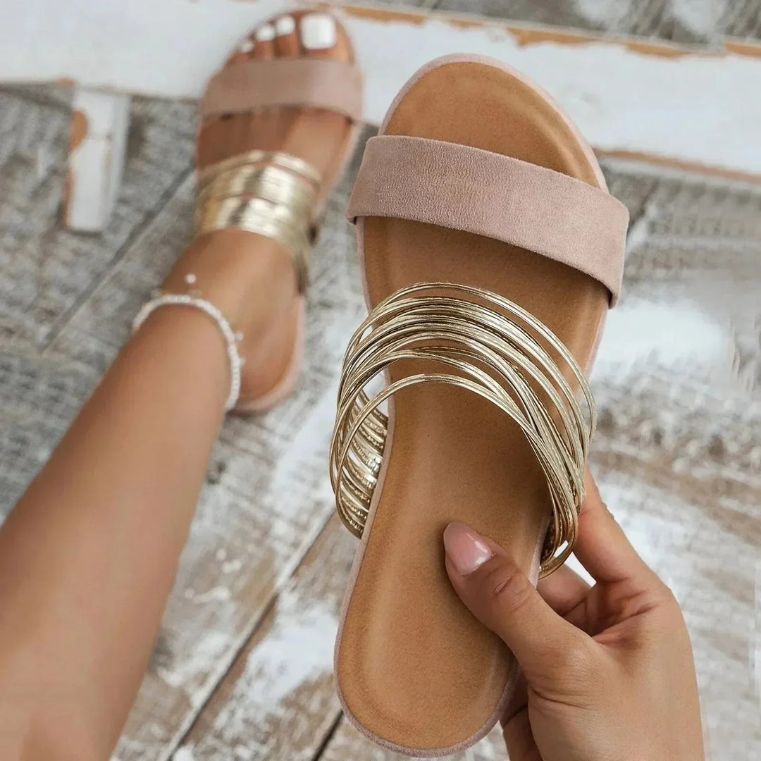 Open toe women's slip-on double strap flat sandals, comfortable and easy to wear for summer days.
