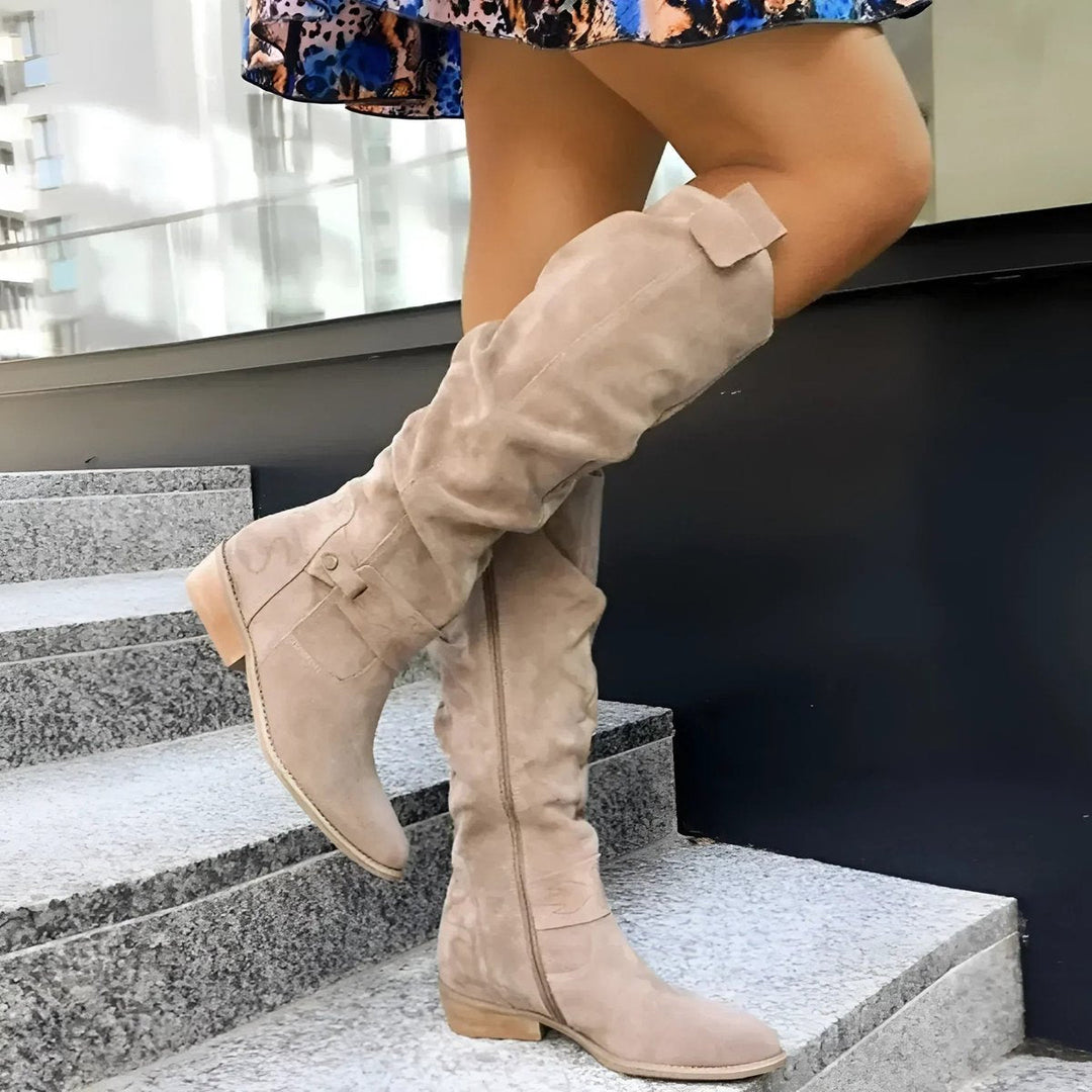 Women's slouchy over-the-knee boots, comfortable block heel for autumn & winter style.