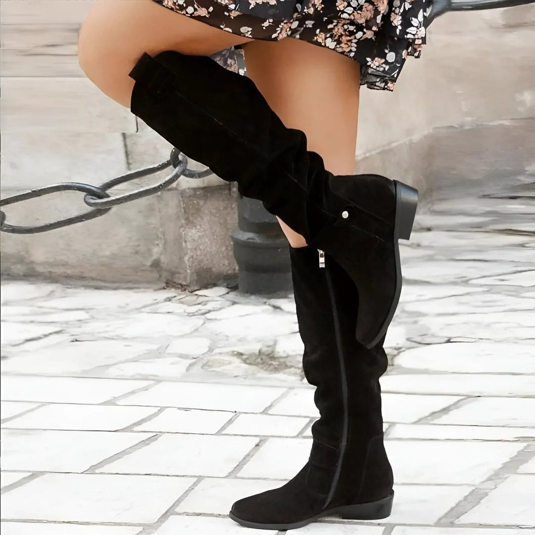 Versatile women's over-the-knee slouchy boots with a stable block heel, great for everyday winter fashion.