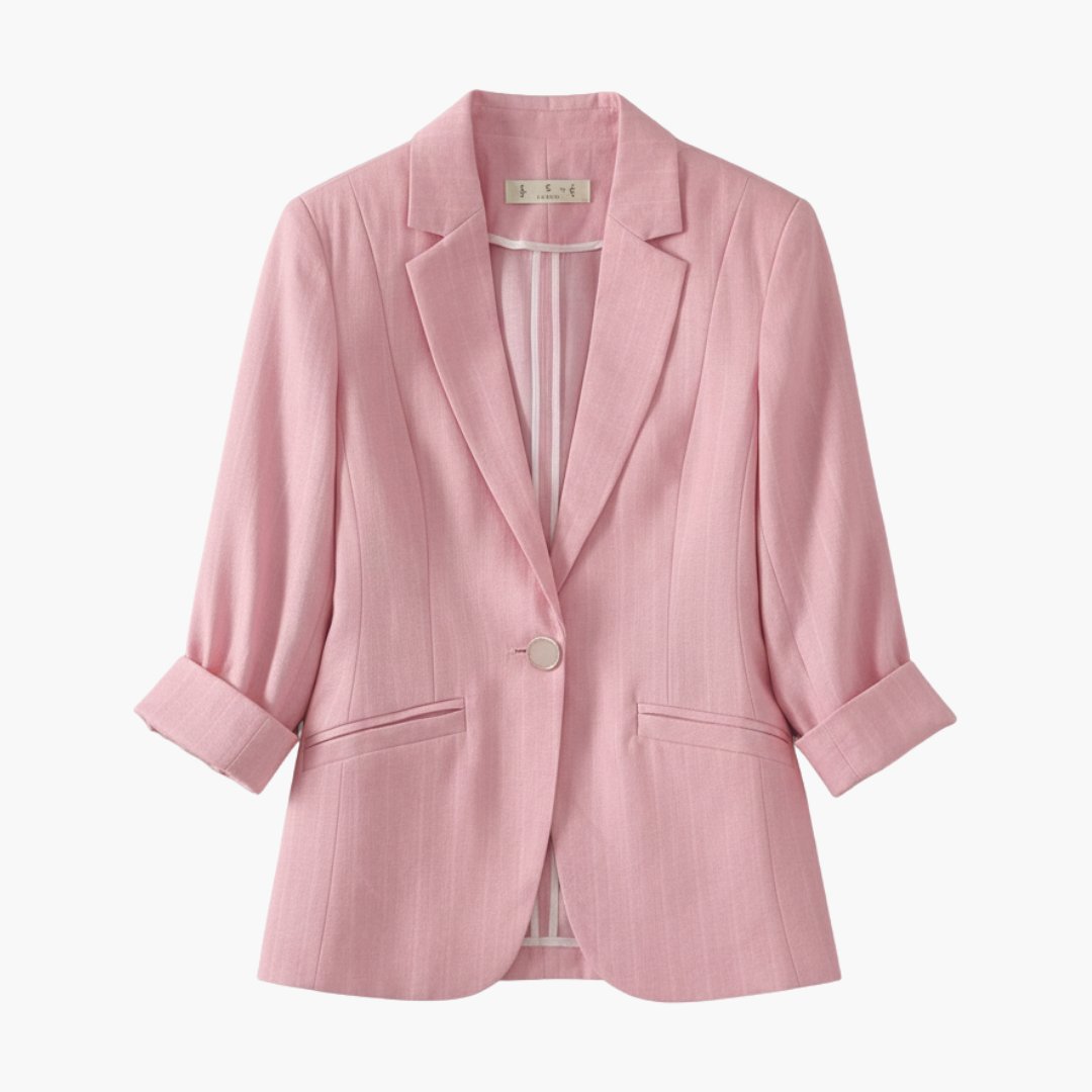 Women's smart casual three-quarter sleeve blazer with notch lapel & single button closure, perfect for work or summer.