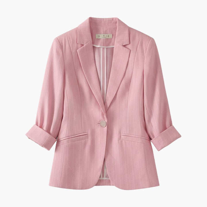Women's smart casual three-quarter sleeve blazer with notch lapel & single button closure, perfect for work or summer.