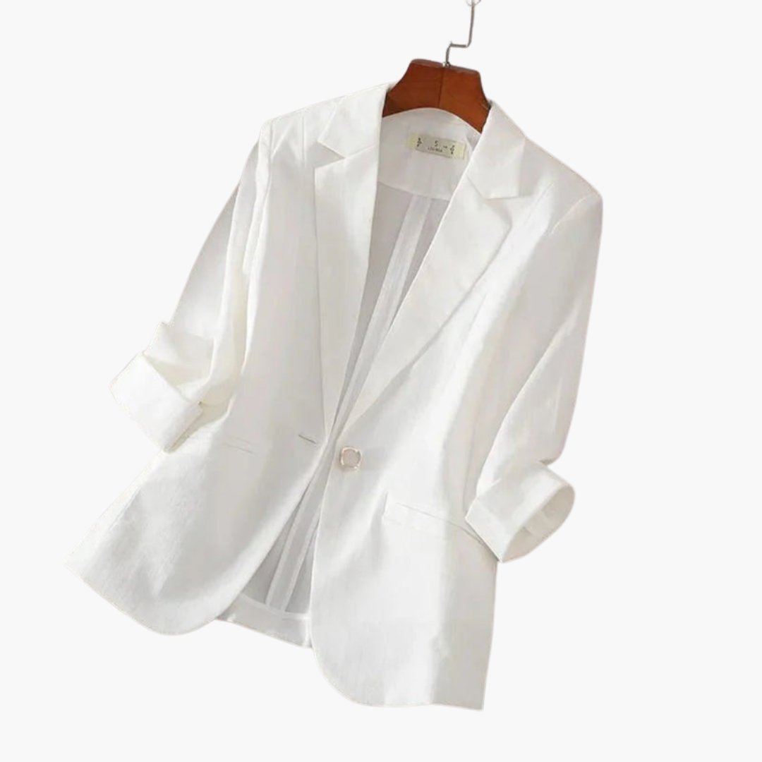 Chic women's three-quarter sleeve blazer. Versatile single-button, notch lapel design for day-to-night elegance.