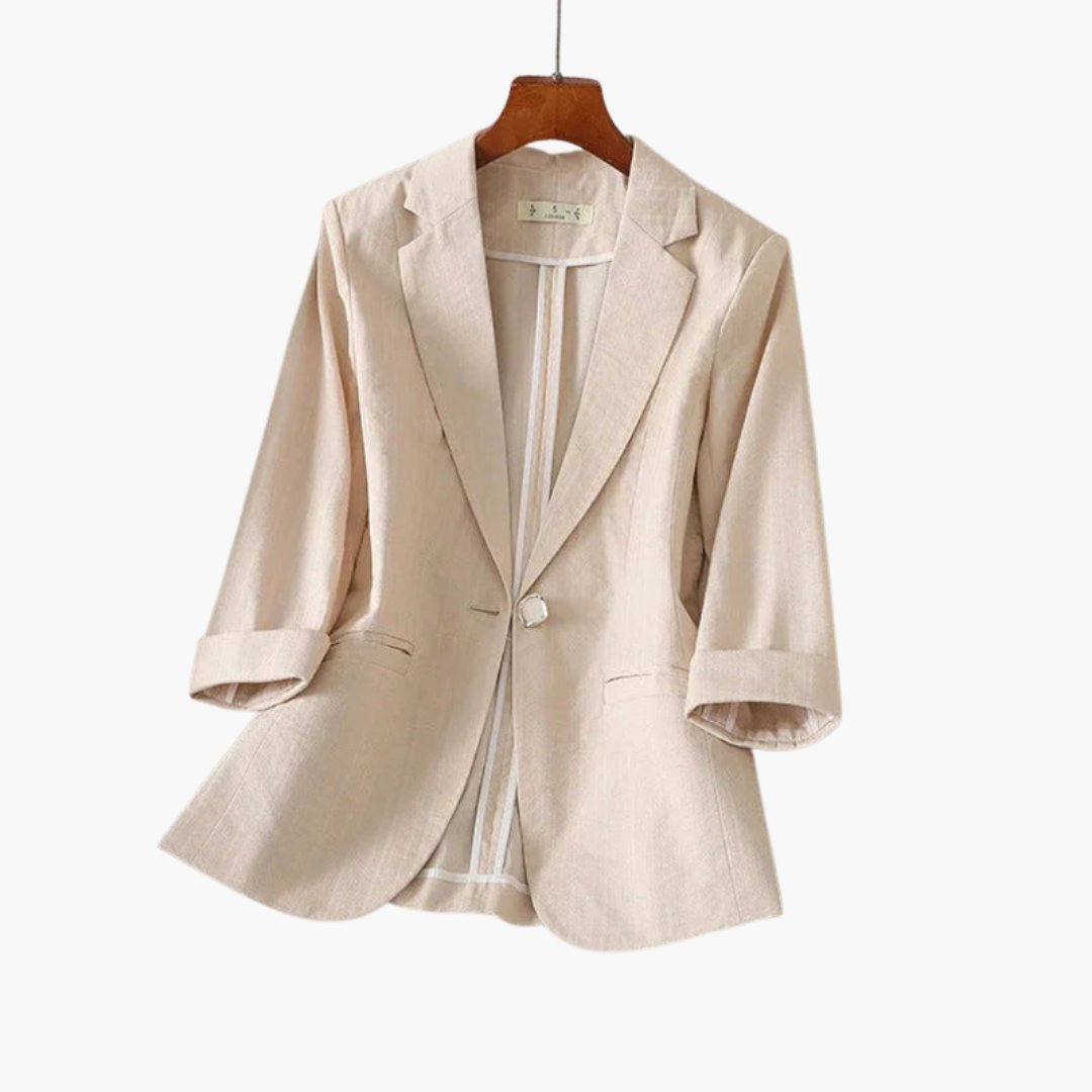 Modern women's three-quarter sleeve blazer. Single-button, notch lapel for a sophisticated smart casual summer look.