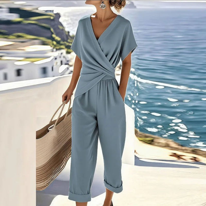 Elegant women's matching co-ord set. Versatile wrap top & cropped trousers perfect for daily smart casual wear.