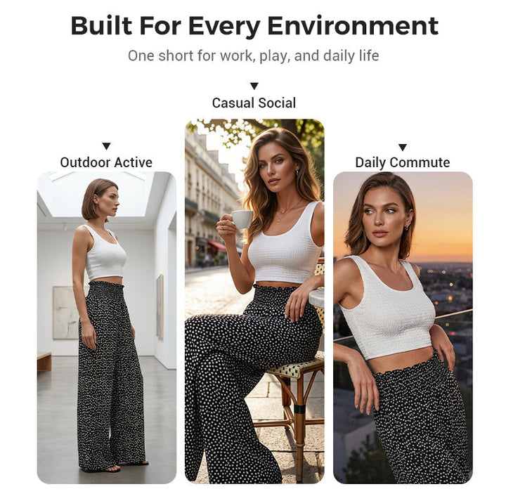 Flattering smocked high waist wide leg trousers for women, perfect for versatile fashion.