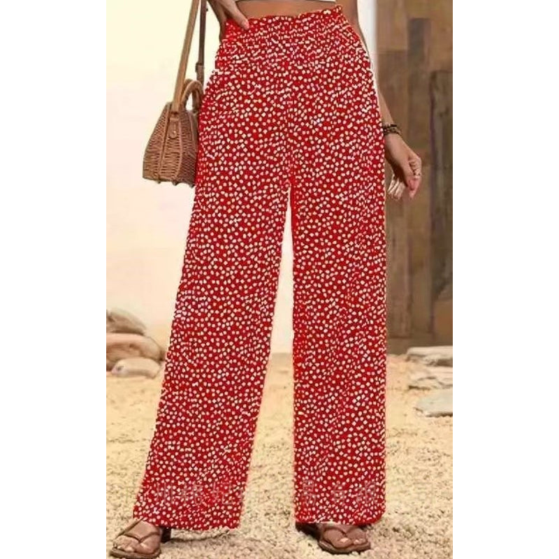 Essential women's flowy wide leg pants, designed with a comfortable smocked high waist.