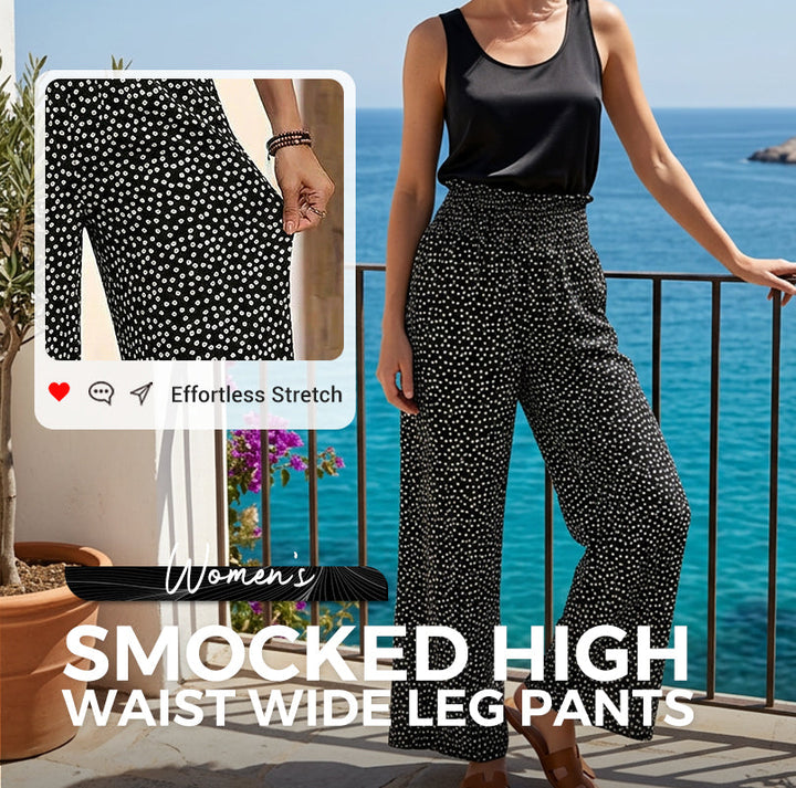 Flowy wide leg smocked high waist trousers for women, ideal summer comfort.