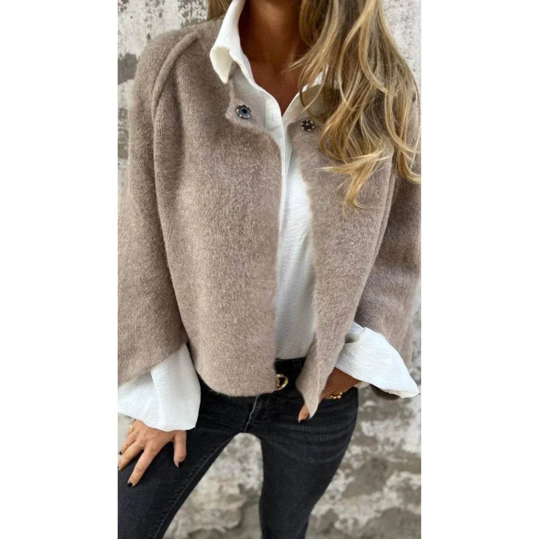 Women's soft cropped cardigan with wide sleeves & stand collar, perfect for casual chic fall fashion.