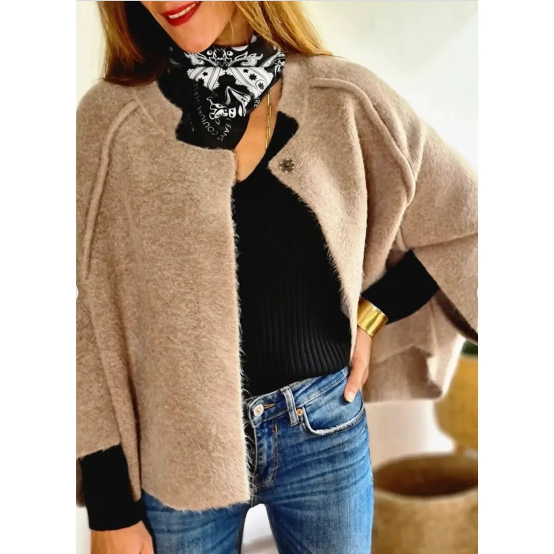 Modern women's cropped outerwear, a soft cardigan with comfortable wide sleeves & a chic stand collar.