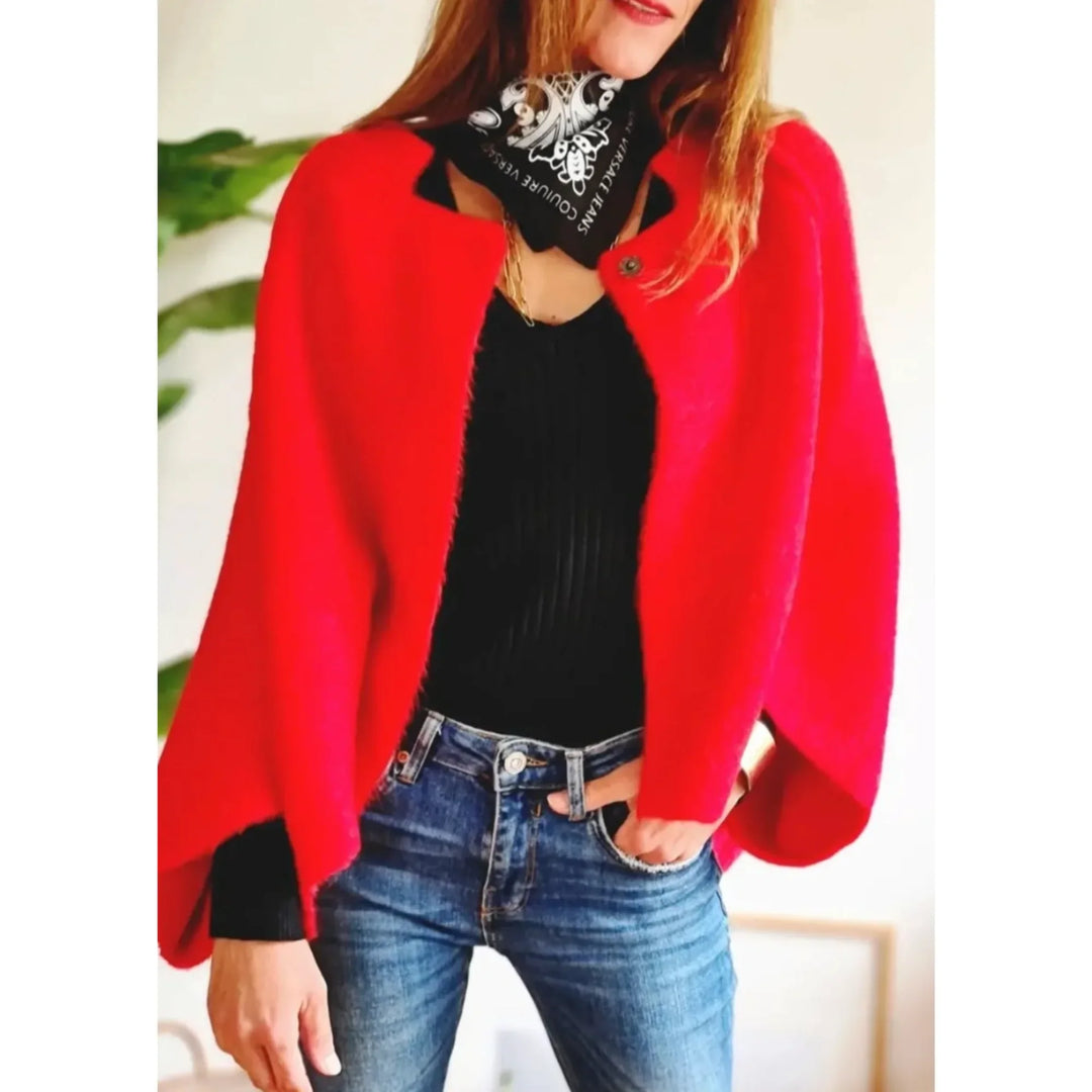 Comfortable women's cropped cardigan, featuring modern wide sleeves & a sophisticated stand collar design.