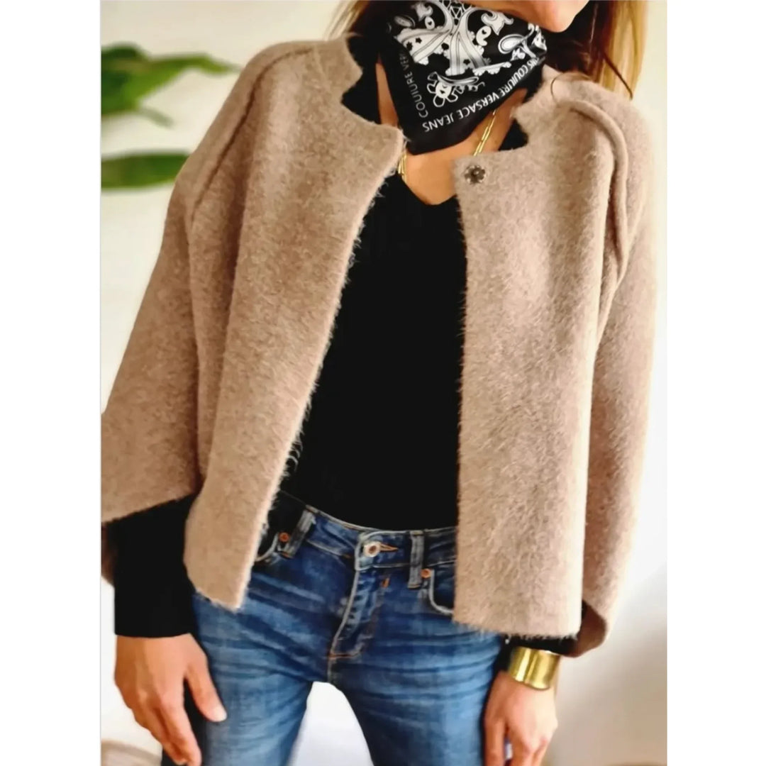Versatile women's soft cropped cardigan, designed with fashionable wide sleeves and a high stand collar.