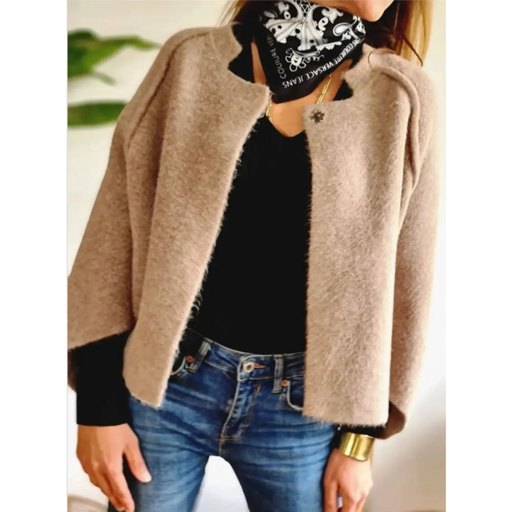 Versatile women's soft cropped cardigan, designed with fashionable wide sleeves and a high stand collar.