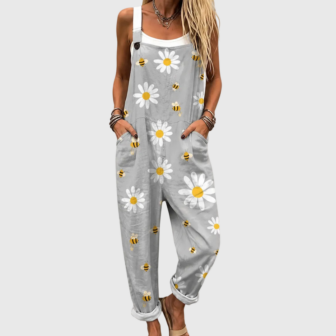 Women's soft daisy & bee print dungarees, comfortable relaxed fit overalls perfect for casual summer wear.