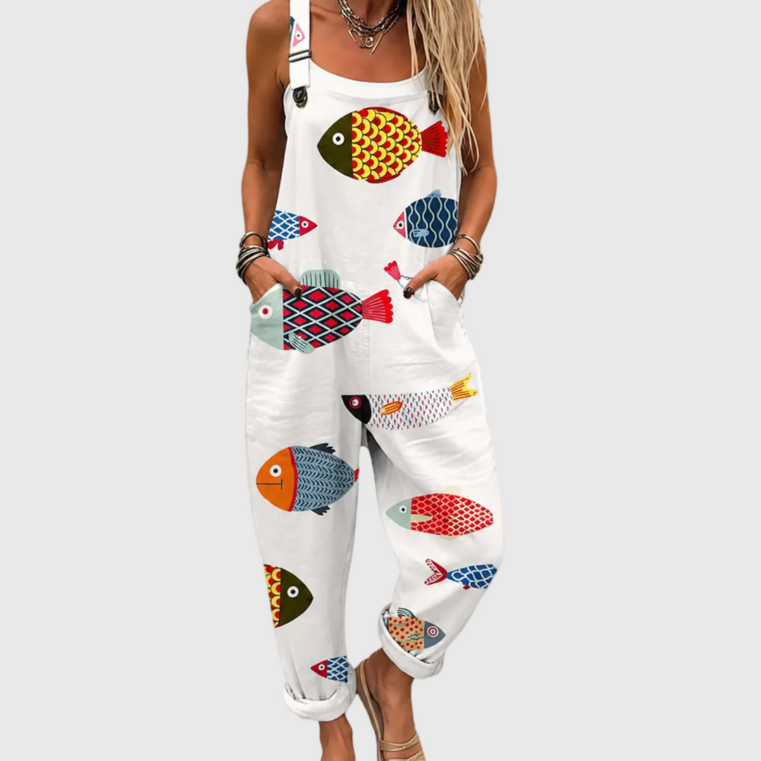 Women's soft fish print jumpsuit, comfortable & sleeveless. Ideal for summer casual wear, beach, or vacation outfits.