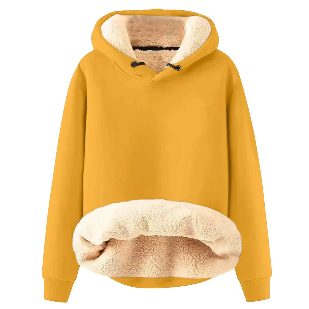 Plush fleece-lined women's hoodie, providing cozy warmth and comfort for autumn/winter.