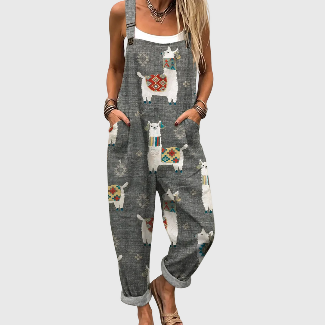 Women's soft gray llama pattern jumpsuit. Comfortable & stylish casual everyday wear with pockets.