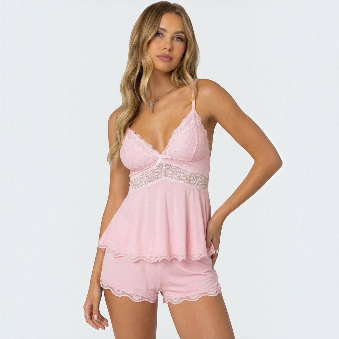 Women's soft lace sleepwear set with cami & shorts, perfect for comfortable nightwear & loungewear.
