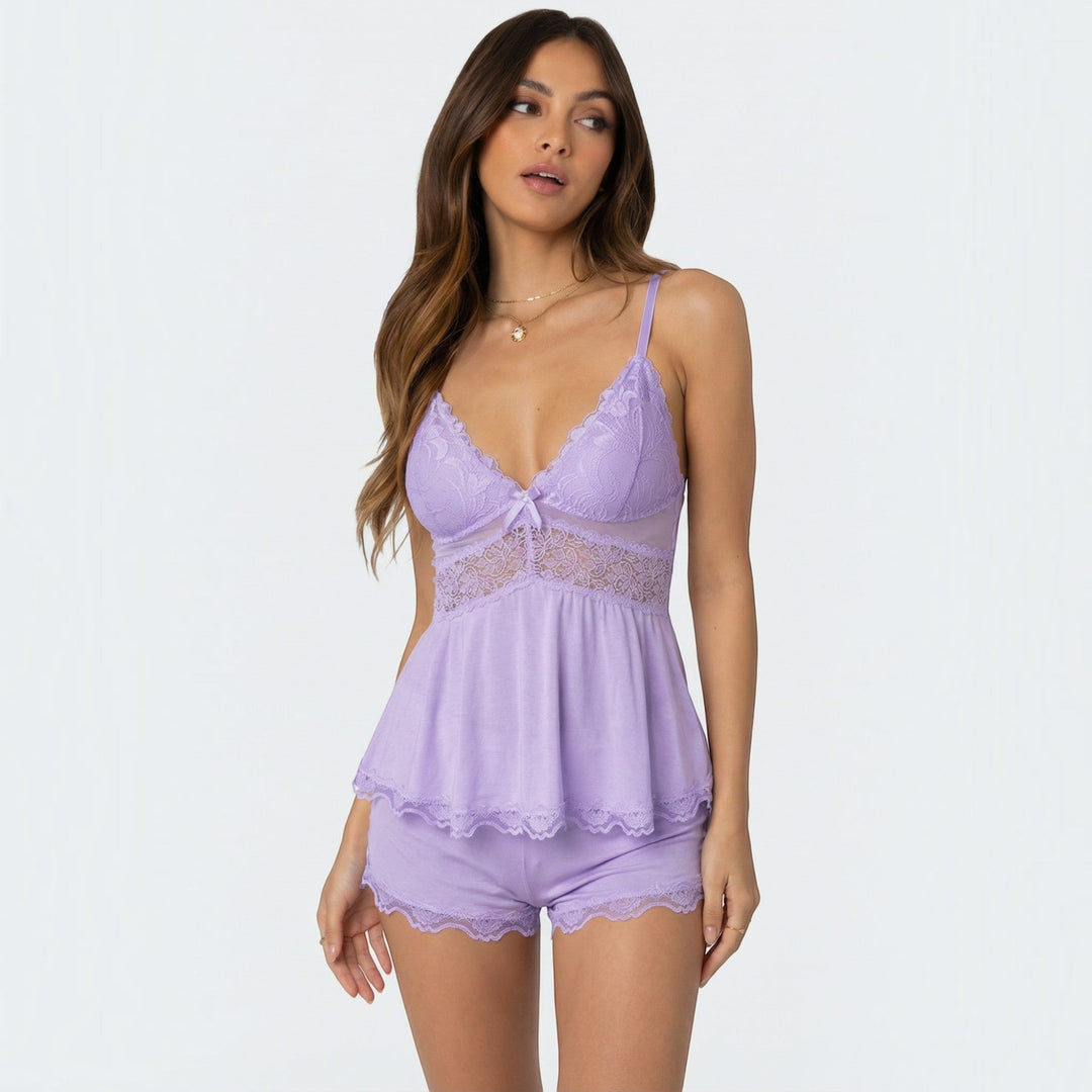 Versatile women's soft lace cami and shorts sleepwear set, great for lounging or sleeping.