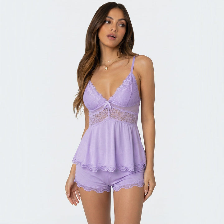 Versatile women's soft lace cami and shorts sleepwear set, great for lounging or sleeping.