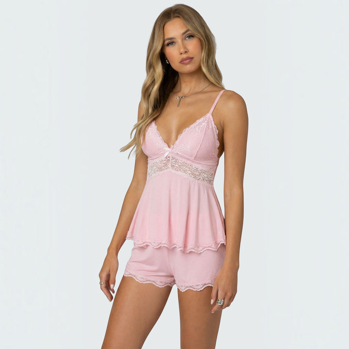 Elegant women's lace cami sleep set with shorts, ideal for luxurious nightwear and relaxation.