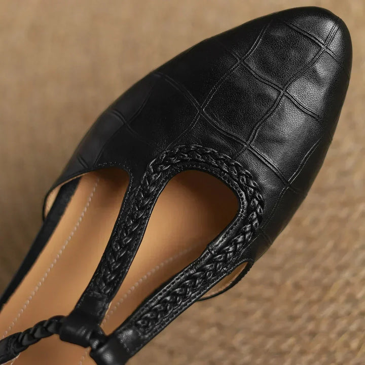 Soft leather women's shoes: Mary Janes style with an intricate braided T-strap detail.