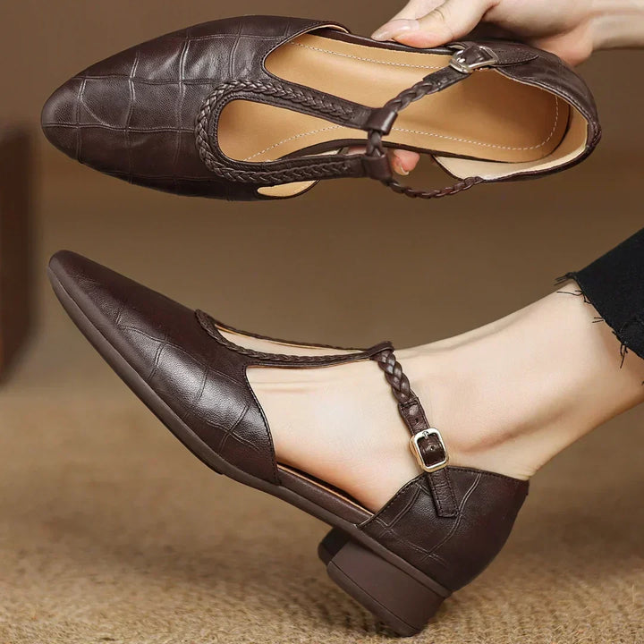 Comfortable vintage-style soft leather Mary Janes for women, featuring a braided T-strap.